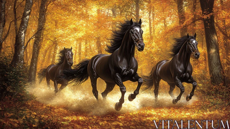 Galloping Horses Among Autumn Leaves AI Image