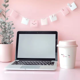 Charming Pink Desk Setup with Coffee Cup and Plant