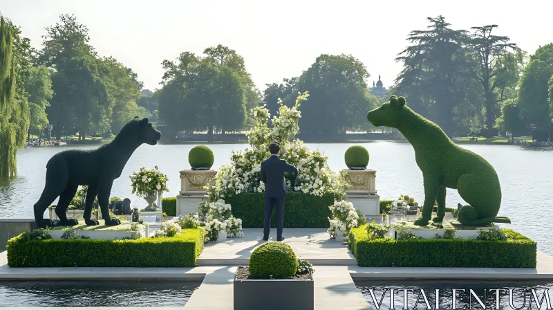 Topiary Garden with Animal Sculptures and Pond AI Image