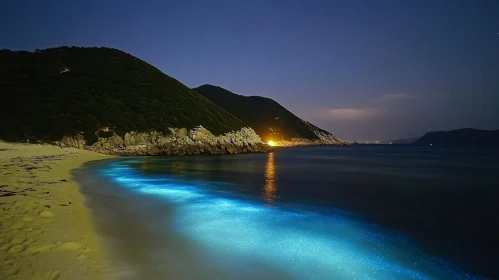 Nighttime Beach with Bioluminescent Waves