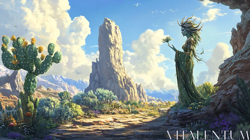 Desert Statue with Cactus and Mountain AI Image