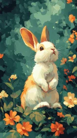 Charming Bunny Amidst Vibrant Flowers Illustration