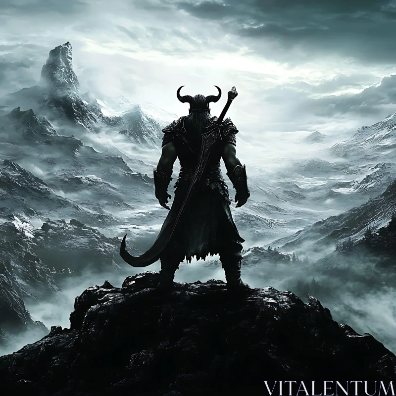 Horned Warrior on Mountain Peak AI Image