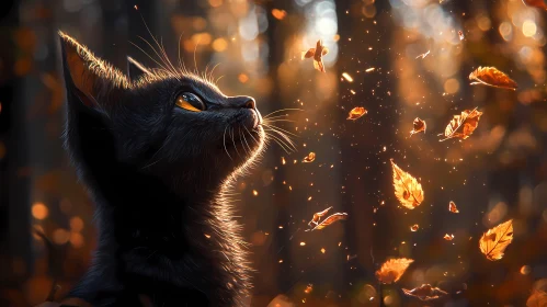 Cat in Sunlit Autumn Leaves