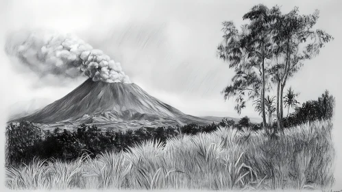 Monochrome Volcano Eruption Drawing