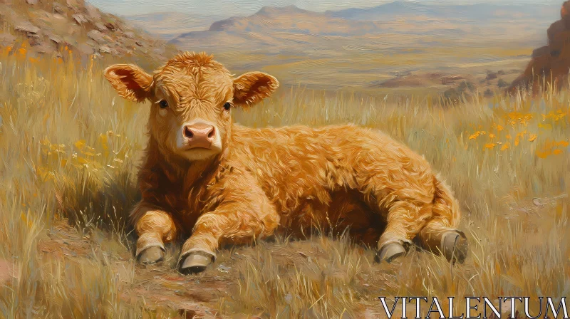 Serene Calf in Field Painting AI Image