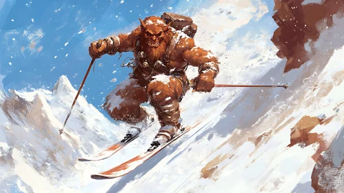 Monster Skiing Down Snowy Peak