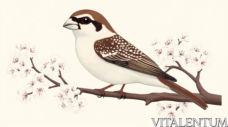 Sparrow and Blossoms Illustration AI Image