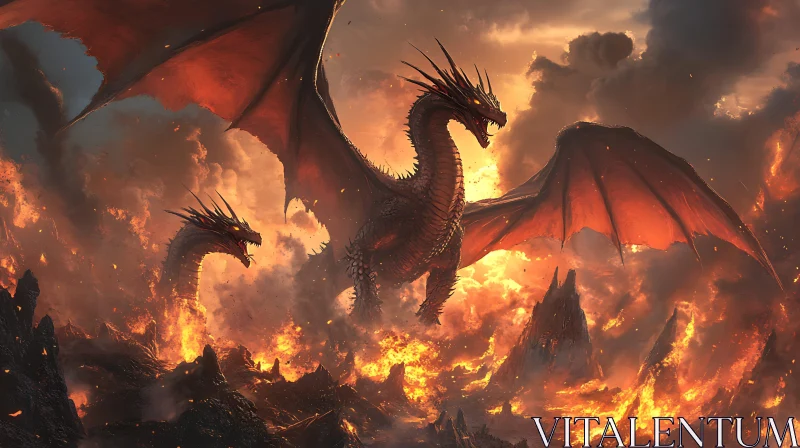 Fiery Dragons in a Volcanic Landscape AI Image