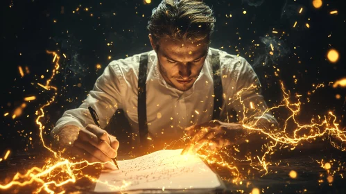 Man immersed in writing with lightning