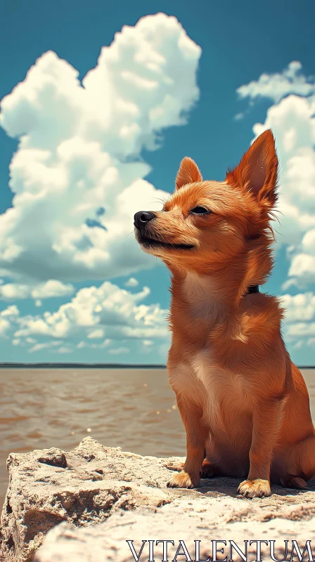 Tranquil Beach Dog with Blue Skies AI Image