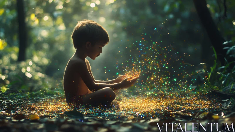 Child with Magic Dust in Enchanted Forest AI Image