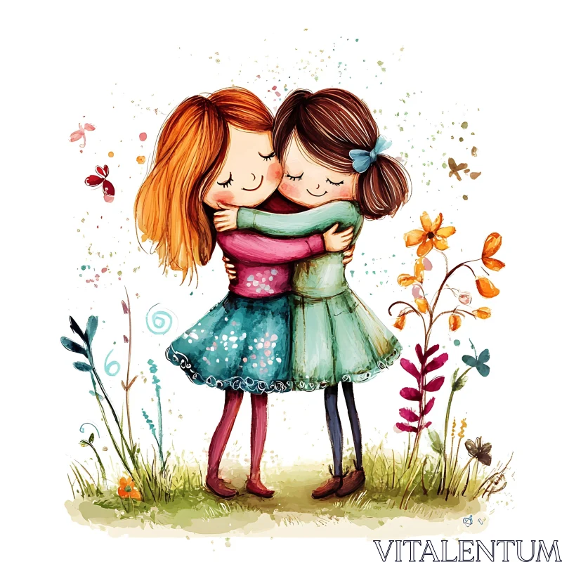 Girls Hugging in a Garden AI Image