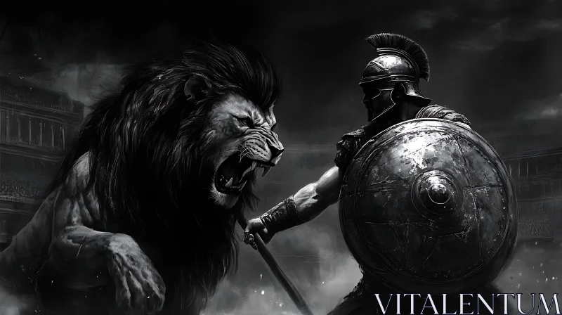 AI ART Monochrome Gladiator and Lion Confrontation