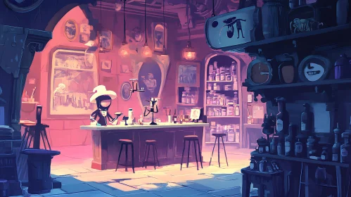 Cartoon Character Mixing Potions in Cozy Lab