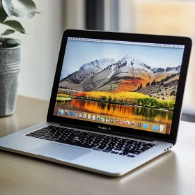 Sleek MacBook Air on Wooden Desk with Mountain Scene