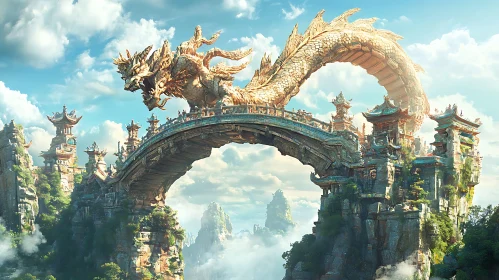 Golden Dragon Over Ancient Bridge