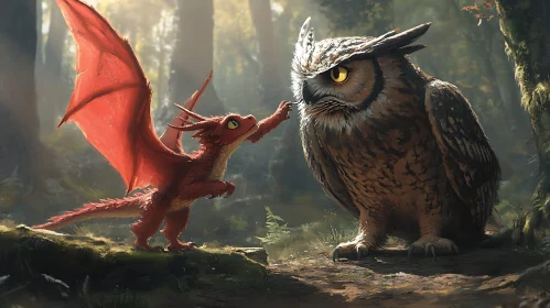 Red Dragon and Owl in the Woods
