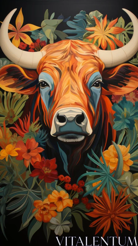 Artistic Bull Portrait Surrounded by Flowers in a Tropical Mural AI Image
