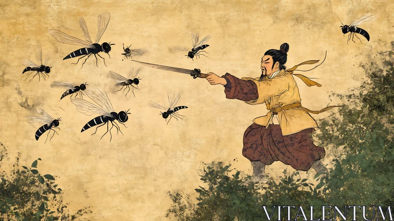 AI ART Asian Art: Warrior versus Insect Swarm