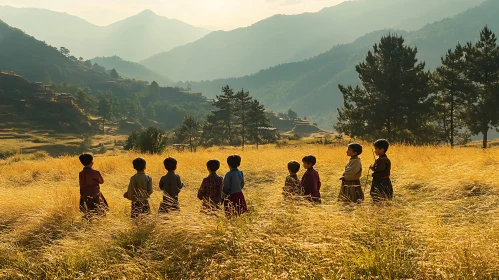 Golden field with children and mountains