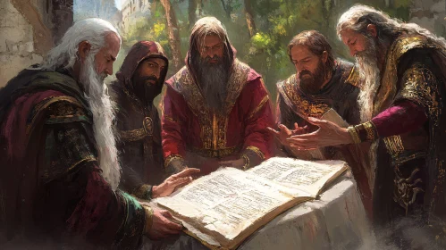 Elders Studying Ancient Text Artwork