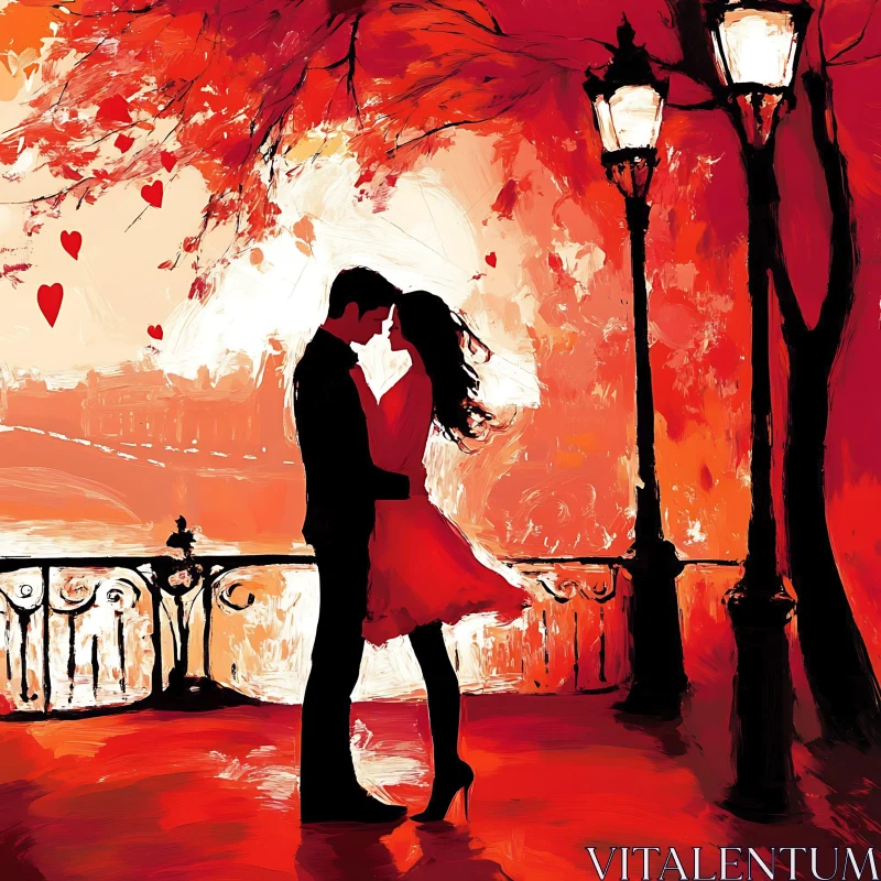 Passionate Couple's Embrace in Scarlet Ambiance AI Image