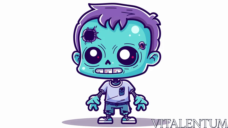 Cartoon Illustration of Zombie Boy with Purple Hair AI Image