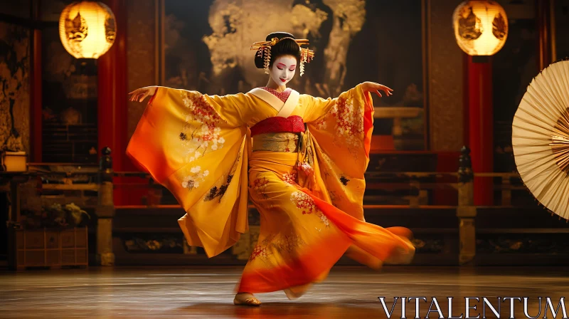 Japanese Geisha Dancing in Golden Kimono AI Image