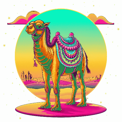 Colorful Cartoon Style Camel in Desert Digital Art POD Design