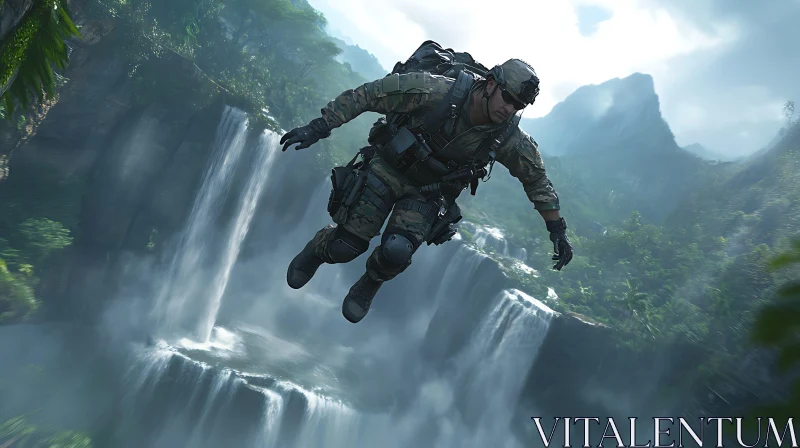 AI ART Mid-Air Soldier Above Waterfall