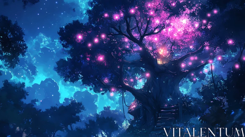 Glowing Treehouse in Fantasy Forest AI Image