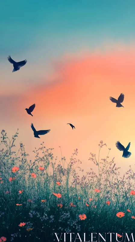 Sunset Birds Over Flowers AI Image