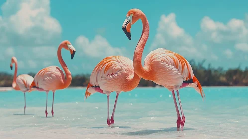 Flamingos wading in crystal clear waters