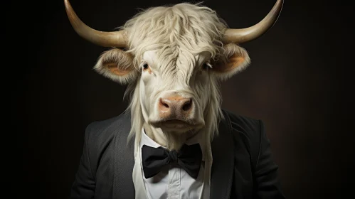 Elegantly Formal Cow in Black Suit: A Classic Rock and Roll Inspired Artwork