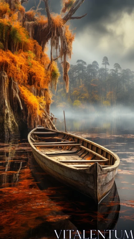 Enchanting Nature: Old Boat Moored by Water on Autumn Day AI Image