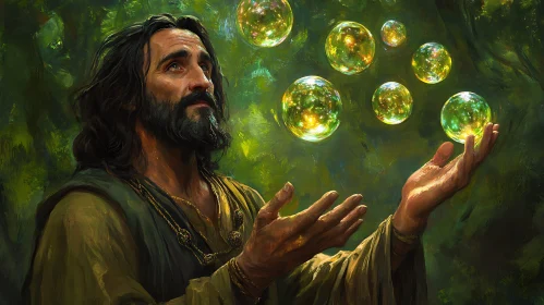 Man Gazing at Luminous Spheres Art