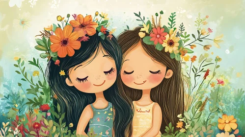 Two Girls with Flowers Art