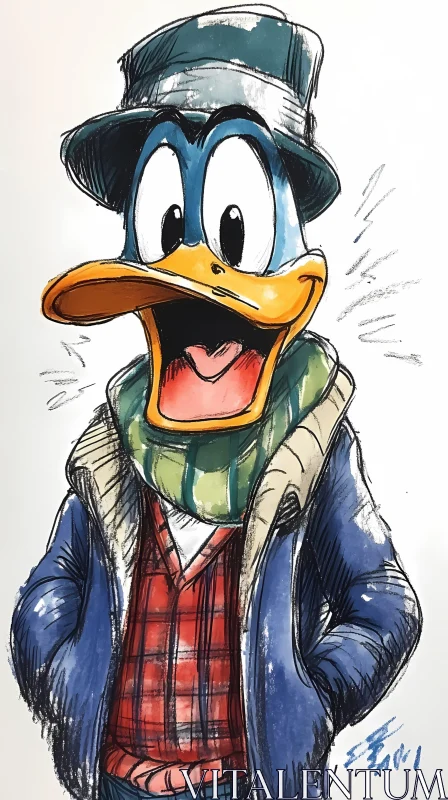 AI ART Animated Duck with Plaid Shirt and Hat