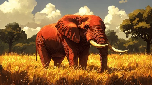 Majestic Red Elephant in Golden Landscape