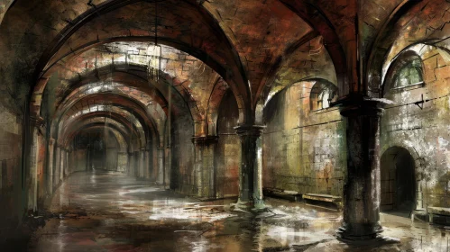 Mysterious Dark Hallway with Arches and Benches