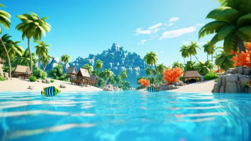 Whimsical 3D Island with Palm Trees and Mountains | Playful and Fun Atmosphere