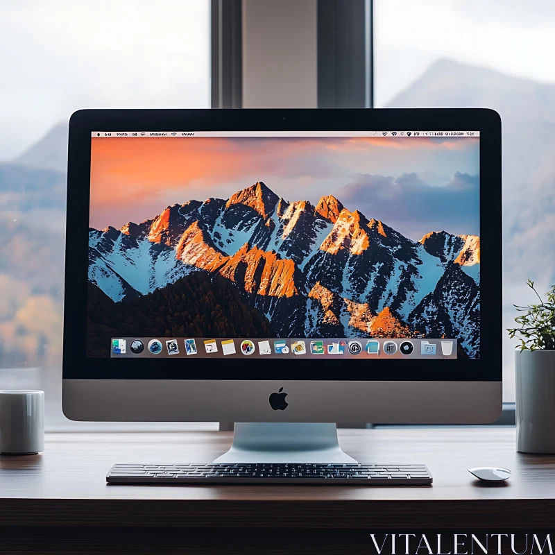 Modern Desktop Setup with Mountain Background AI Image