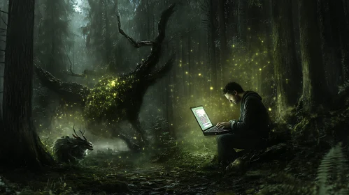 Man Coding in Mystical Forest