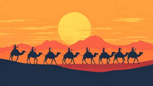 Camels in Desert at Sunset