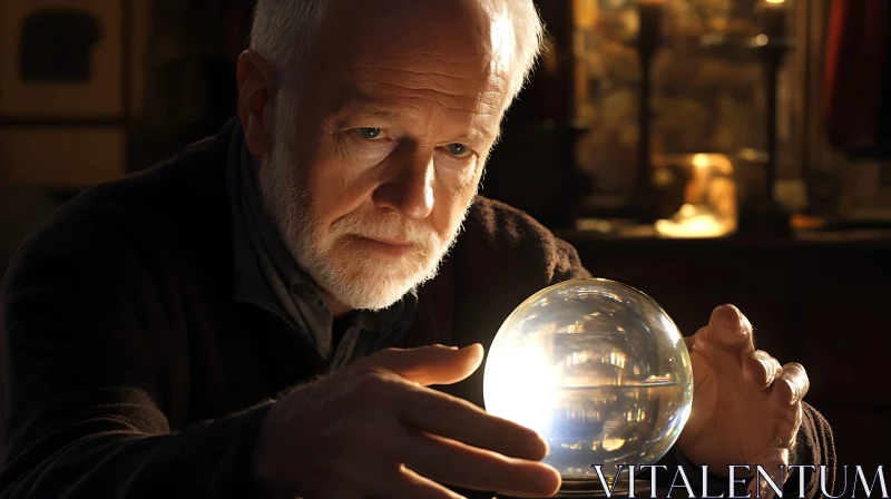 AI ART Man Contemplates Crystal Ball's Secrets