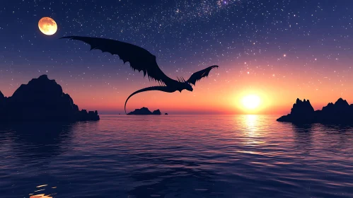 Sunset Dragon Silhouette Over Water