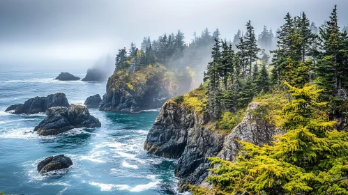 Majestic Ocean Shoreline with Trees and Rocks