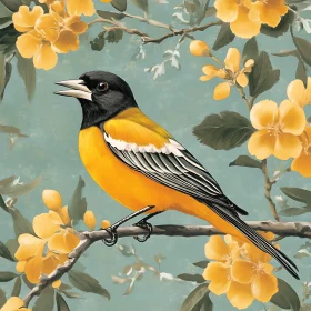 Vibrant Bird Among Yellow Flowers