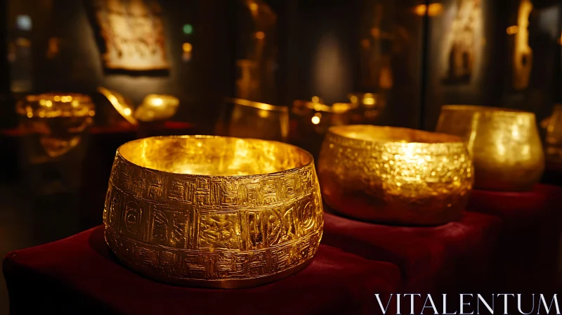 Gleaming Gold Bowls on Red Fabric AI Image